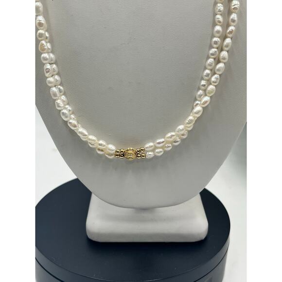 14k Yellow Gold Two Strand Potato Freshwater Pearl Gold Beaded
Necklace - Picture 4 of 9